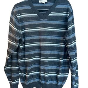 Pronto Uomo Black Blue Striped Crewneck Cotton Cashmere Large